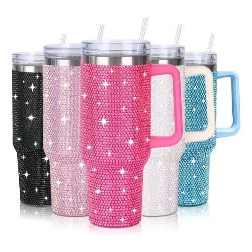 Copo Térmico 1200ml com Strass Brilhante, Alça, Tampa e Canudo